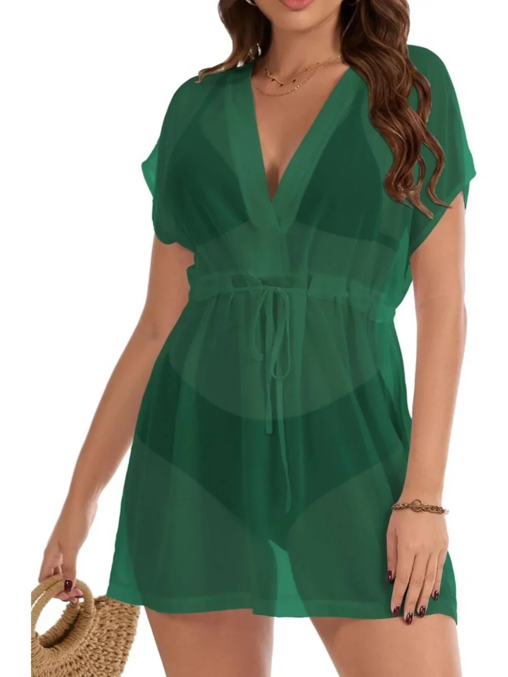 Womens Green Polyester Coverup Beach Swimsuit Coverup Swimwear Dress V Neck